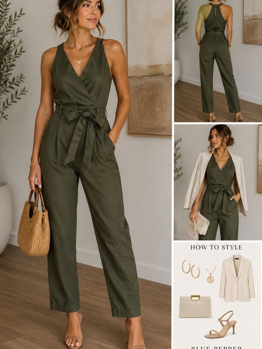 Blu Pepper Olive Green Sleeveless V-Neck Tie-Waist Jumpsuit